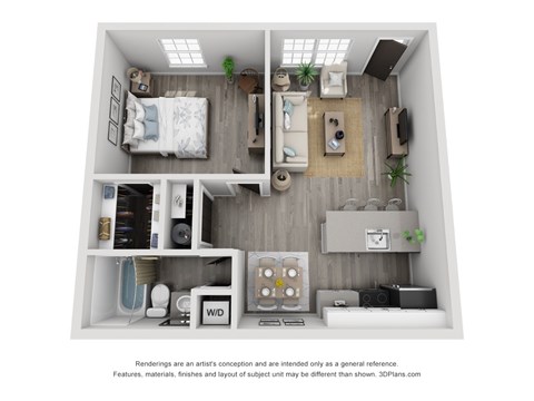 Floor plan for 1 bed, 1 bath, 610 sqft